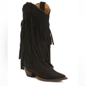 TANNER MARK Suede Fringe Snip Toe Western Boots